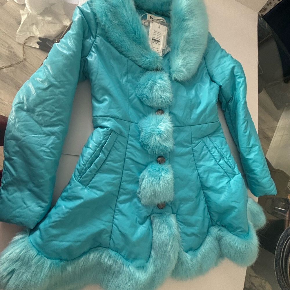 Chic Faux Fur Trimmed Aqua Puffer Coat